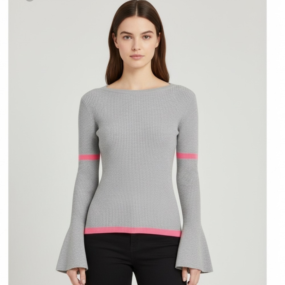 Slate & Willow Gray Pink Stripe Cotton Stretch Ribbed Bell Sleeve Sweater Small